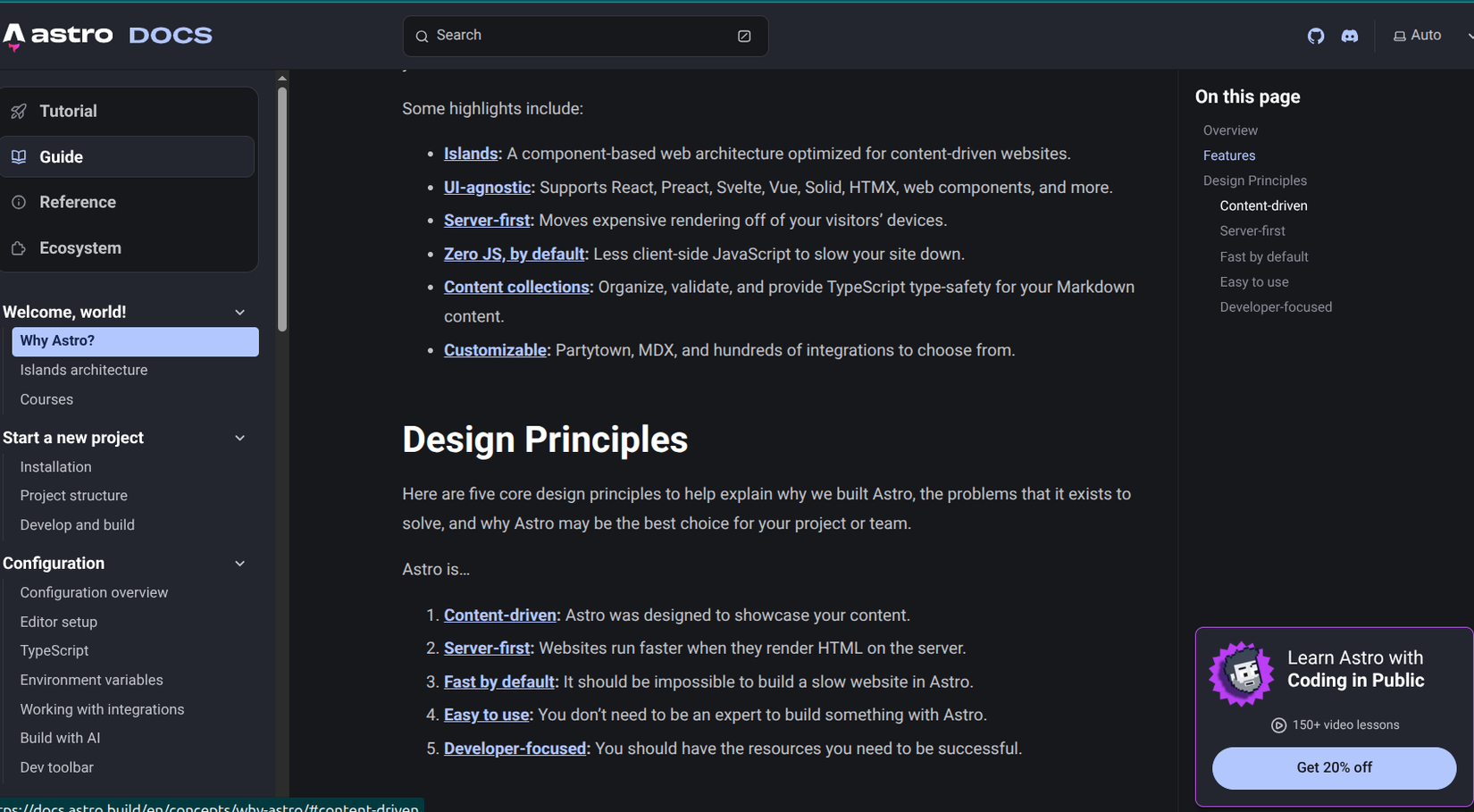 Astro website about page explaining all its features.