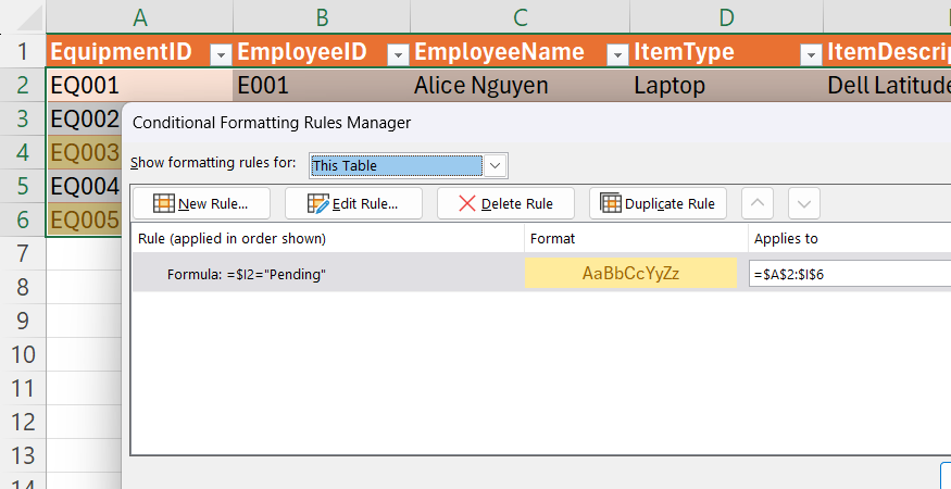 The Conditional Formatting Rules Manager in Excel that colors rows if they contain the word Pending.