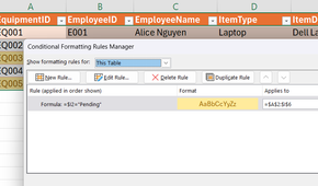 The Conditional Formatting Rules Manager in Excel that colors rows if they contain the word Pending.