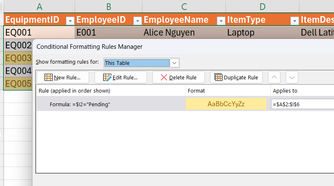 The Conditional Formatting Rules Manager in Excel that colors rows if they contain the word Pending.