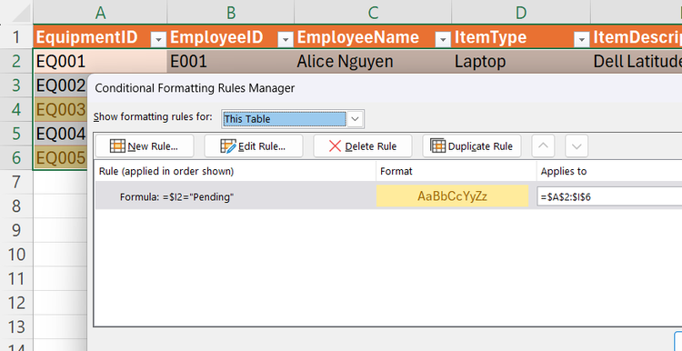 The Conditional Formatting Rules Manager in Excel that colors rows if they contain the word Pending.