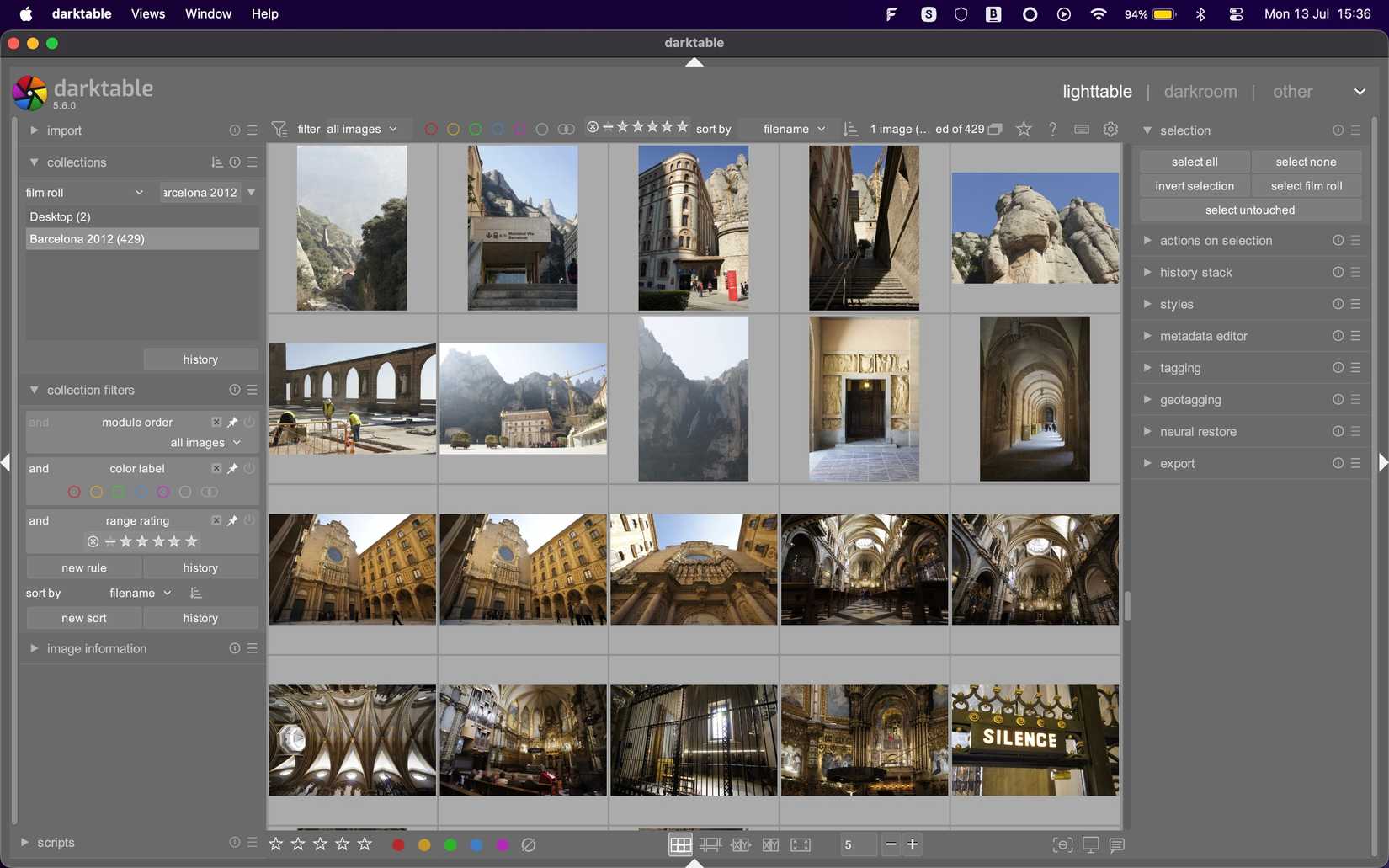 The darktable library management screen.