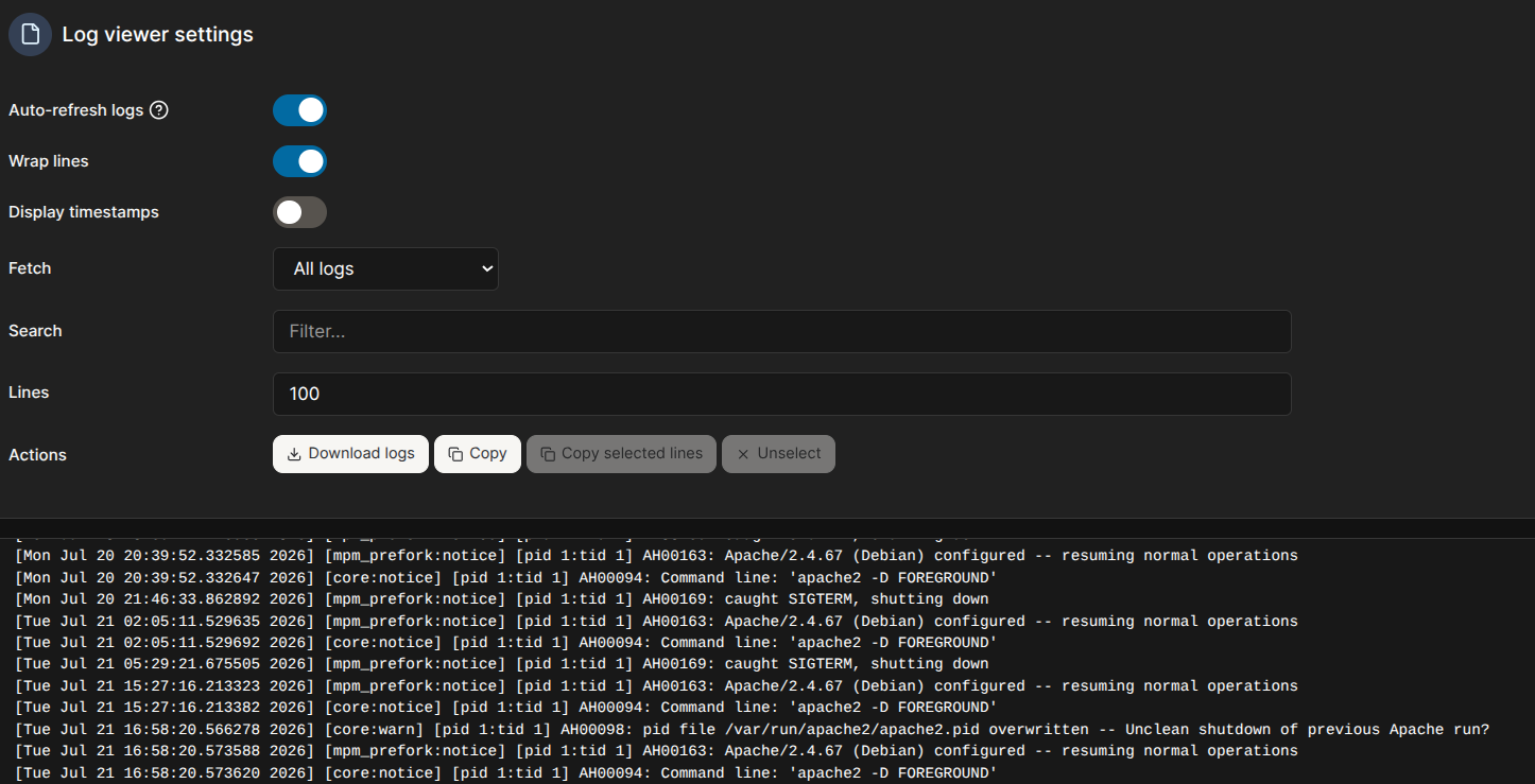 The docker log for FreshRSS.