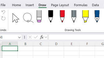 The Excel ribbon, with the Draw tab opened.