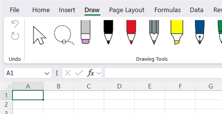 The Excel ribbon, with the Draw tab opened.