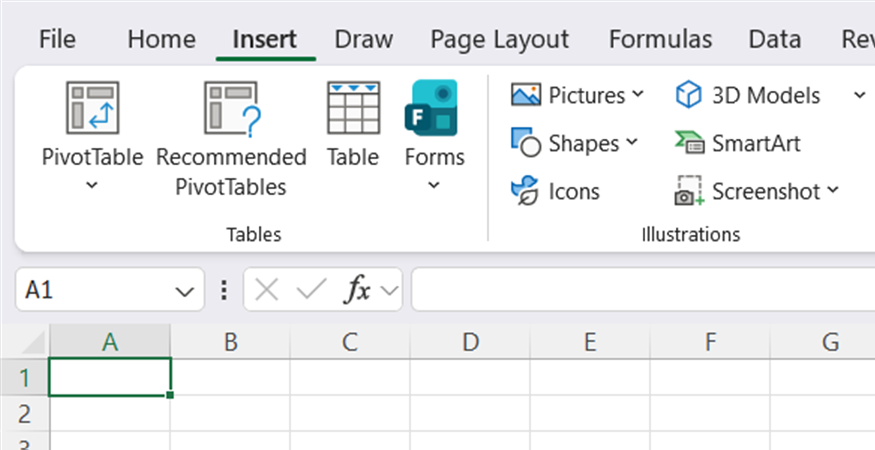 The Excel ribbon, with the Insert tab opened.