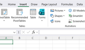 The Excel ribbon, with the Insert tab opened.
