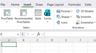 The Excel ribbon, with the Insert tab opened.