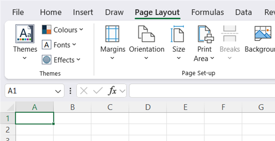 The Excel ribbon, with the Page Layout tab opened.