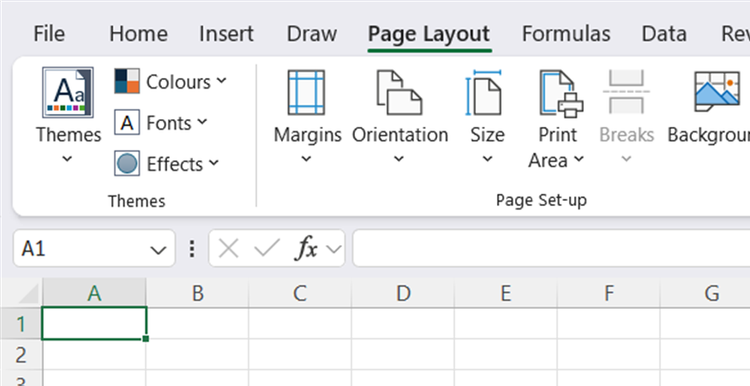 The Excel ribbon, with the Page Layout tab opened.
