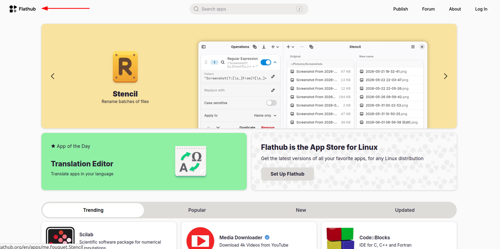 The Flathub main page showing all Flatpak suggestions.