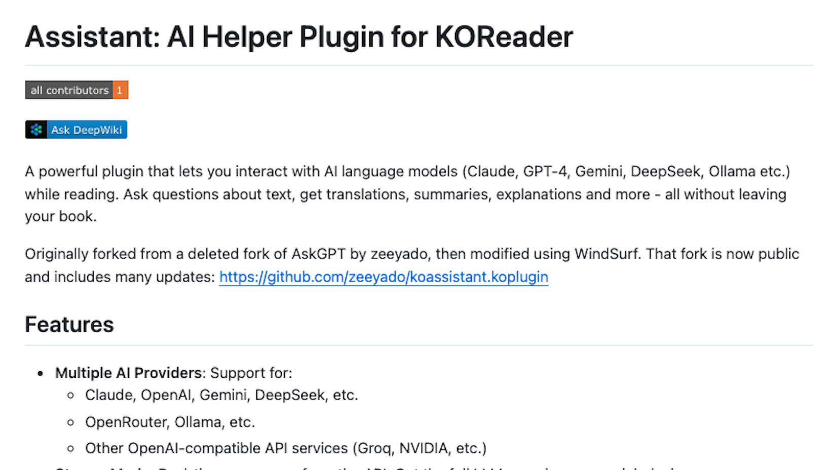 The GitHub page of the Assistant plugin for KOReader.