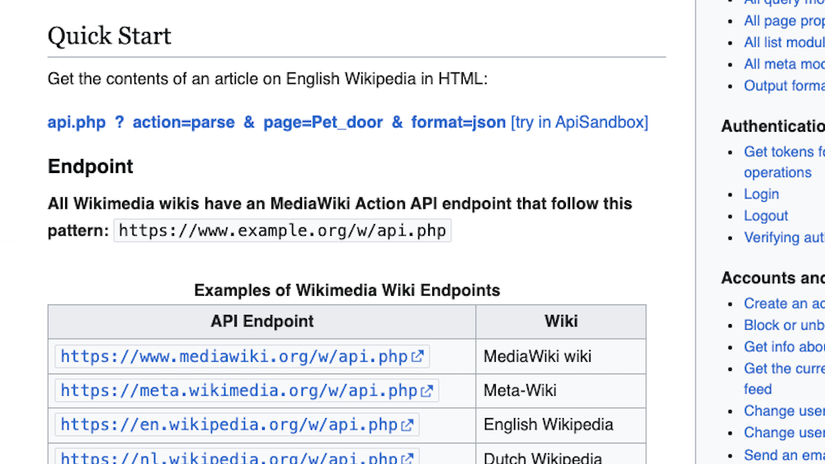 The MediaWiki action API Quick Start section.