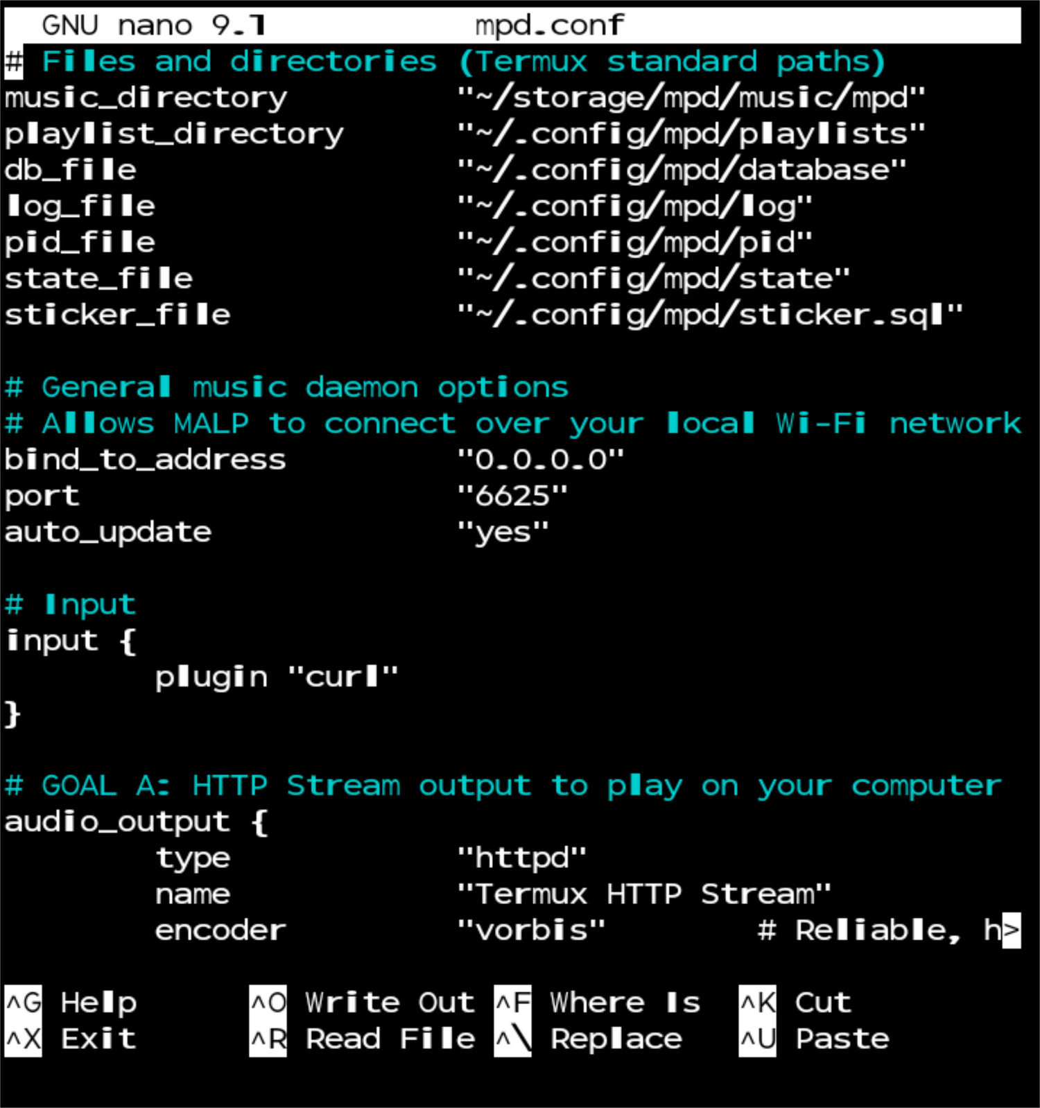 The mpd configuration file loaded in nano.
