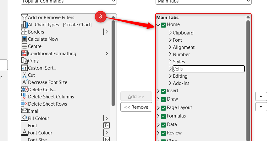 The right-hand menu in the Excel Options Customize Ribbon window is highlighted, with Cells selected in the Home tab.