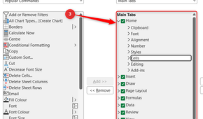 The right-hand menu in the Excel Options Customize Ribbon window is highlighted, with Cells selected in the Home tab.