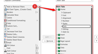 The right-hand menu in the Excel Options Customize Ribbon window is highlighted, with Cells selected in the Home tab.