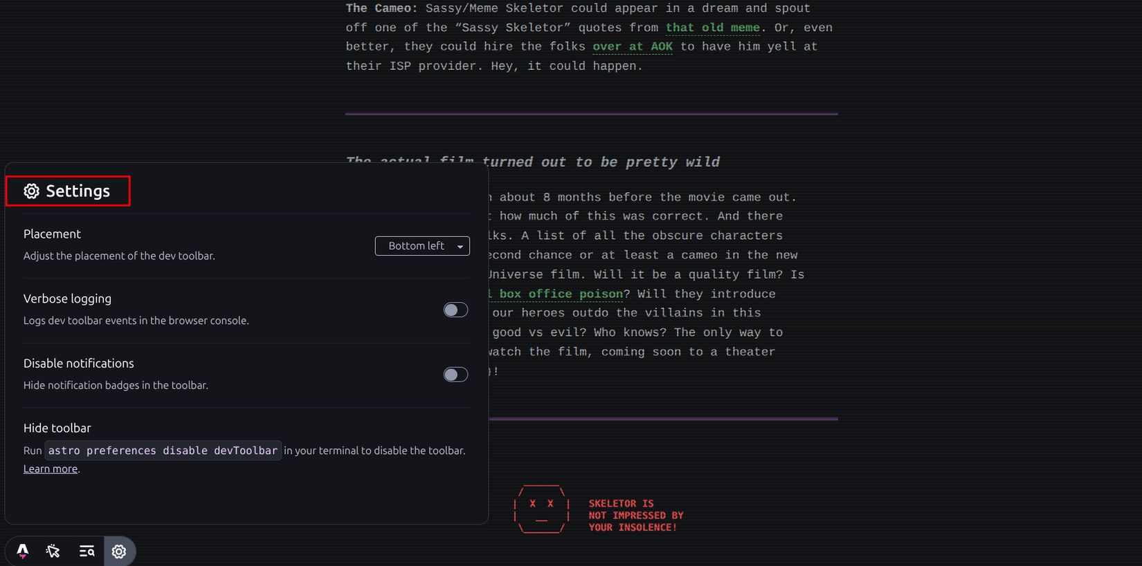 Settings toolbar on the preview page in Astro.