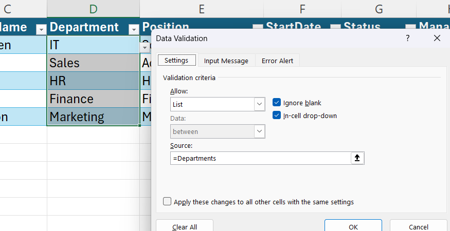 The Source field in Excel's Data Validation dialgo reads =Departments.