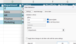 The Source field in Excel's Data Validation dialgo reads =Departments.