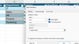 The Source field in Excel's Data Validation dialgo reads =Departments.