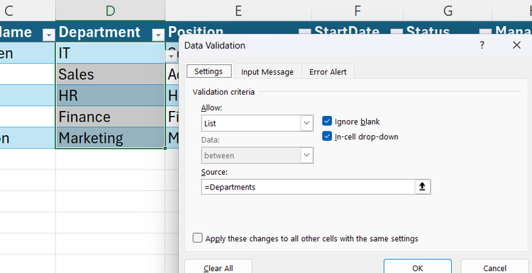 The Source field in Excel's Data Validation dialgo reads =Departments.