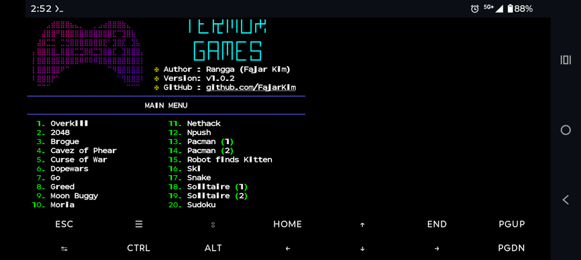 Termux games splash screen running on android.