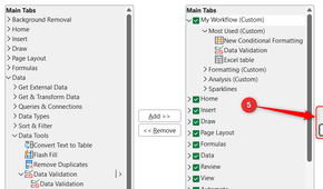 The up and down arrows in Excel's Excel Options dialog, which are clicked to reorder the tabs and their tools.