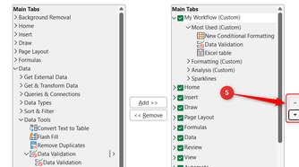 The up and down arrows in Excel's Excel Options dialog, which are clicked to reorder the tabs and their tools.