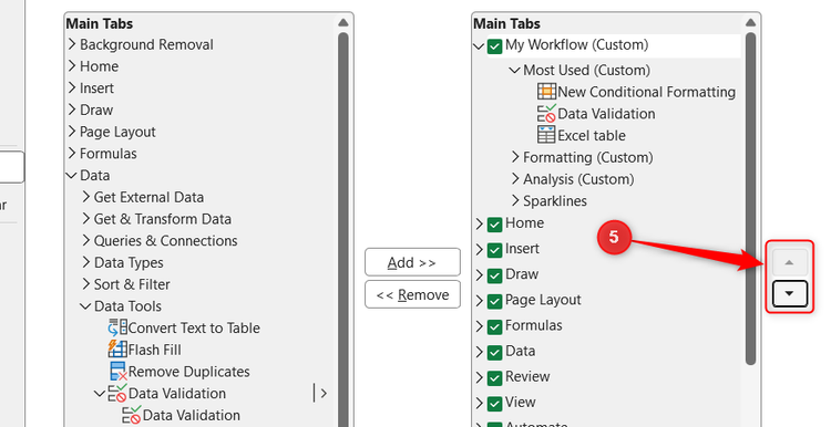 The up and down arrows in Excel's Excel Options dialog, which are clicked to reorder the tabs and their tools.