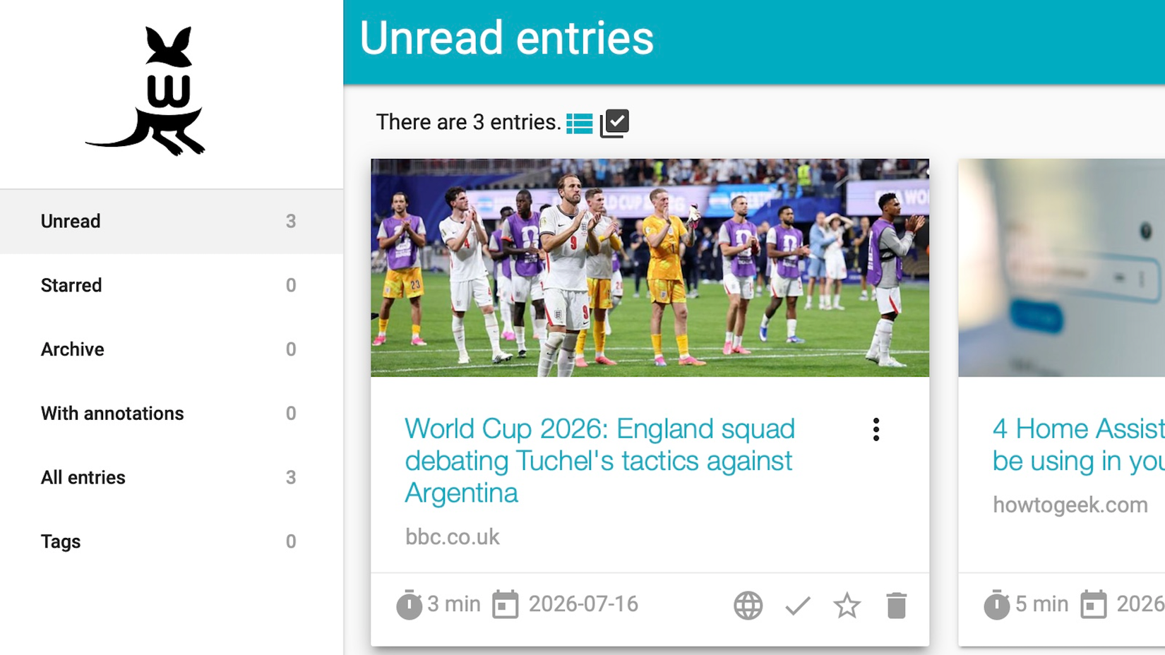 The Wallabag web interface showing saved articles.