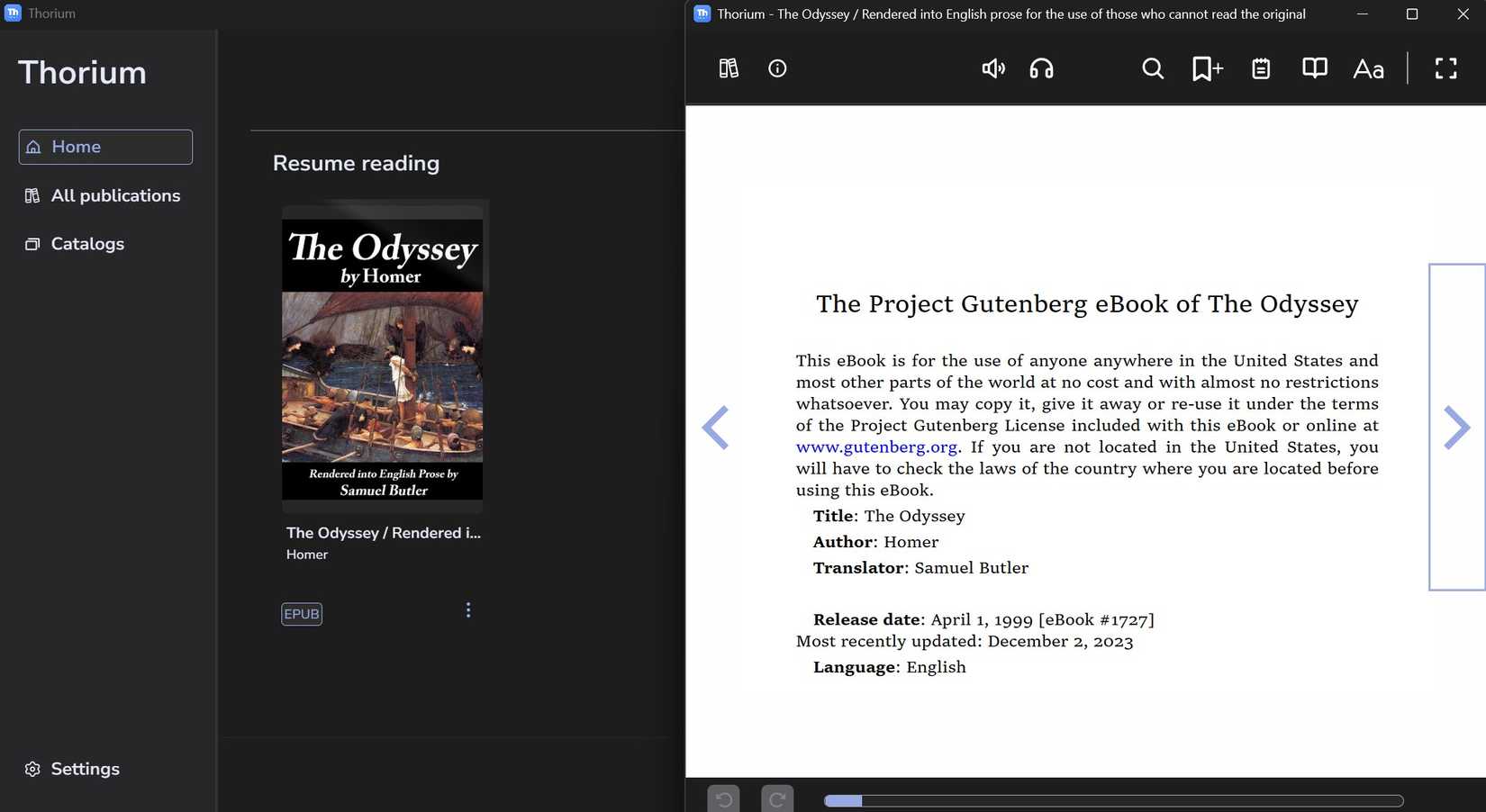 Thorium Reader showing the library window and an open book in the form of The Odyssey.
