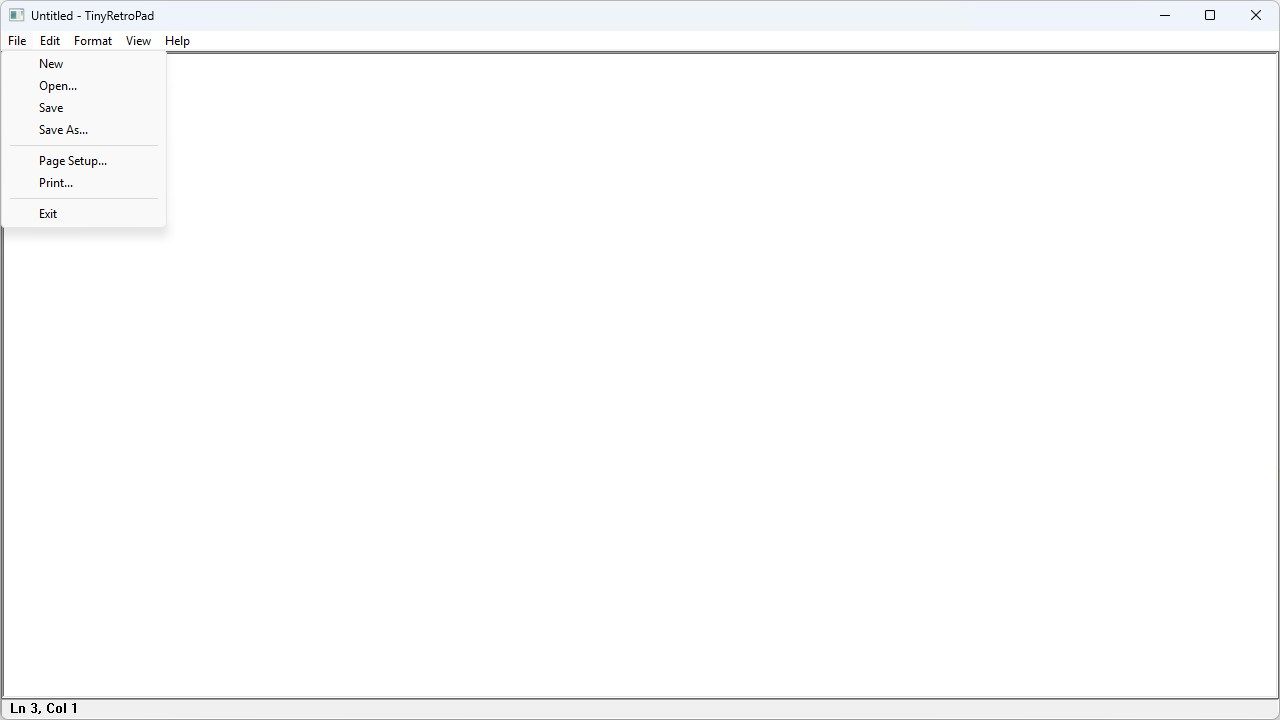 TinyRetroPad with the file menu open.