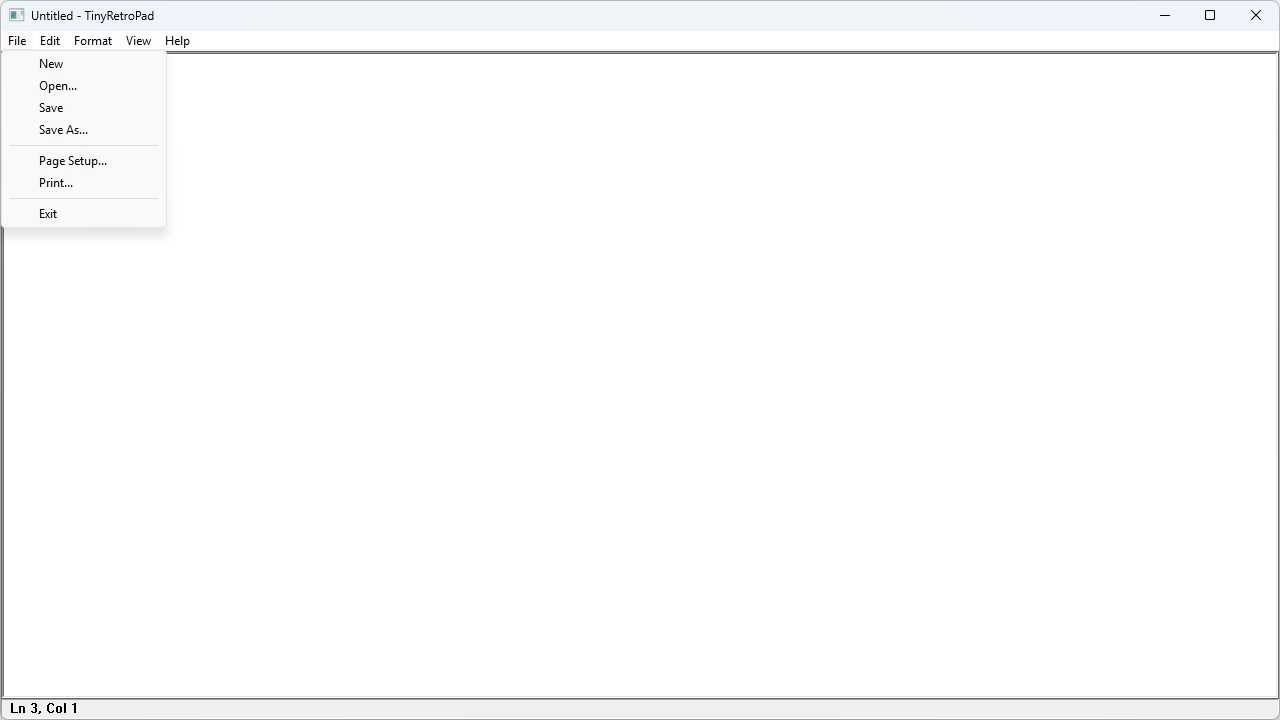 TinyRetroPad with the file menu open.