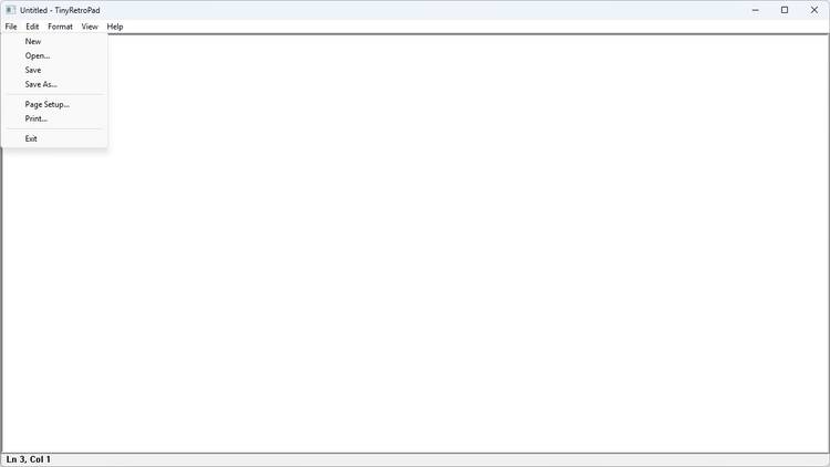TinyRetroPad with the file menu open.