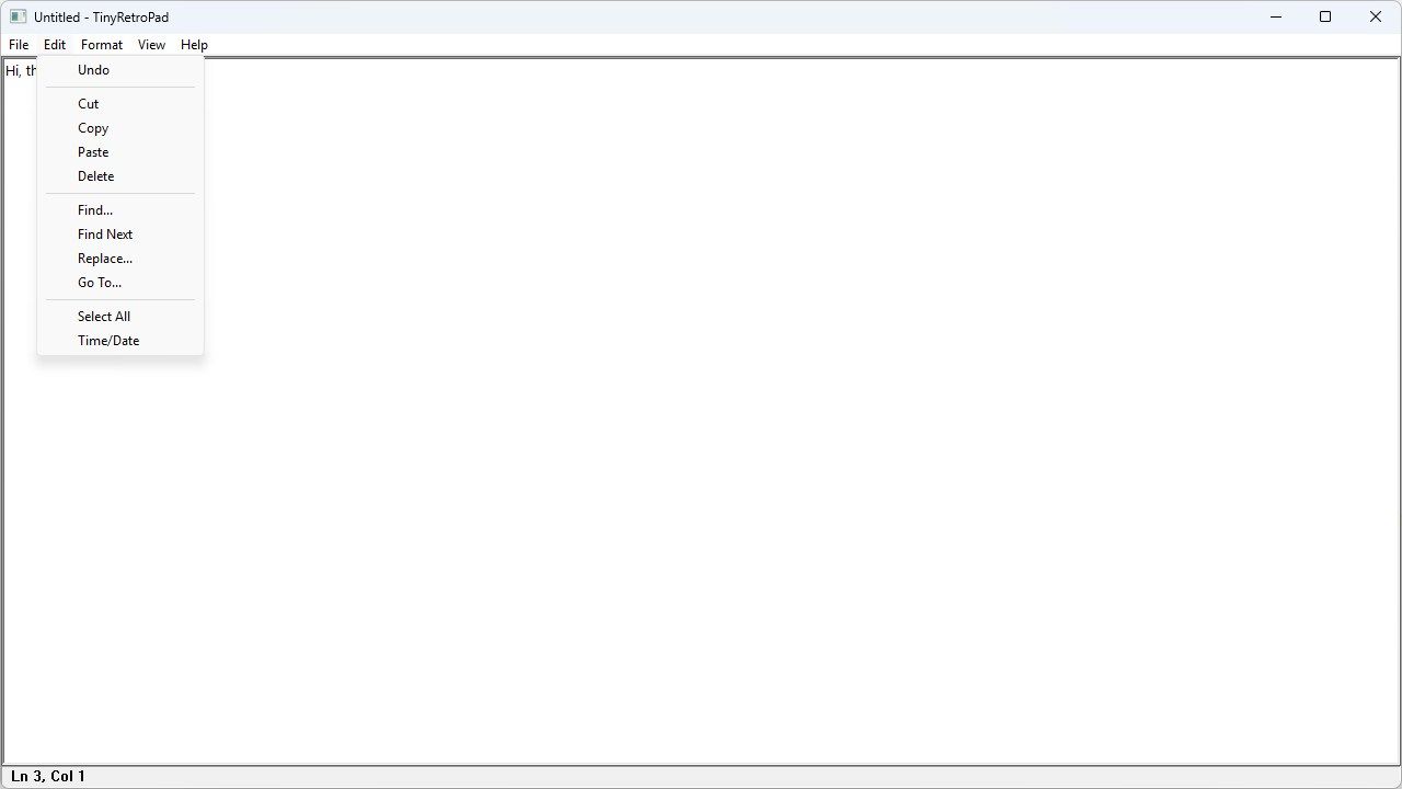 TinyRetroPad with the edit menu open.