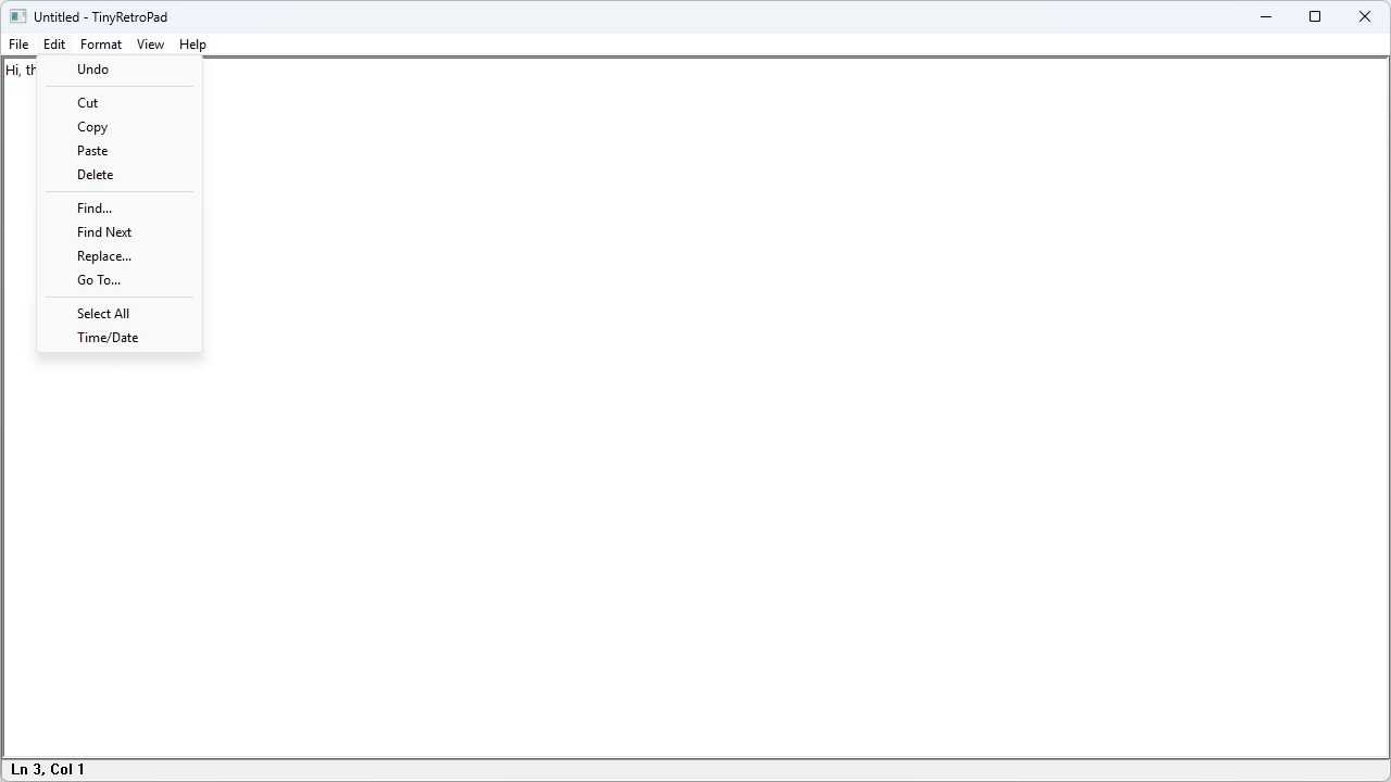 TinyRetroPad with the edit menu open.