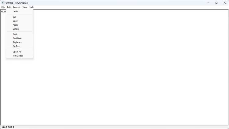 TinyRetroPad with the edit menu open.