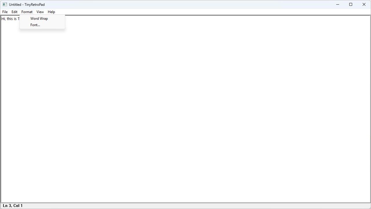 TinyRetroPad with the format menu open.