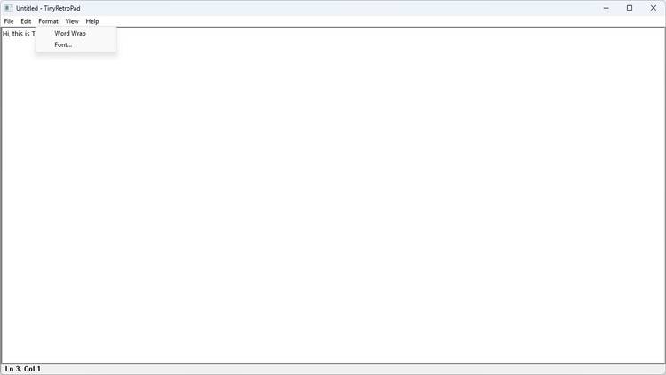 TinyRetroPad with the format menu open.