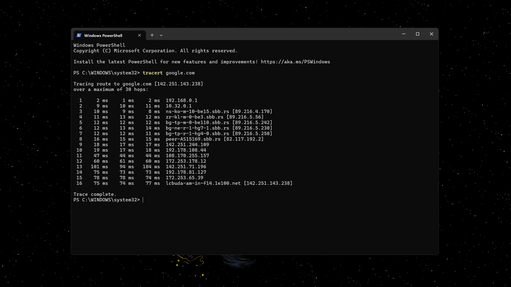 Running tracert in PowerShell.
