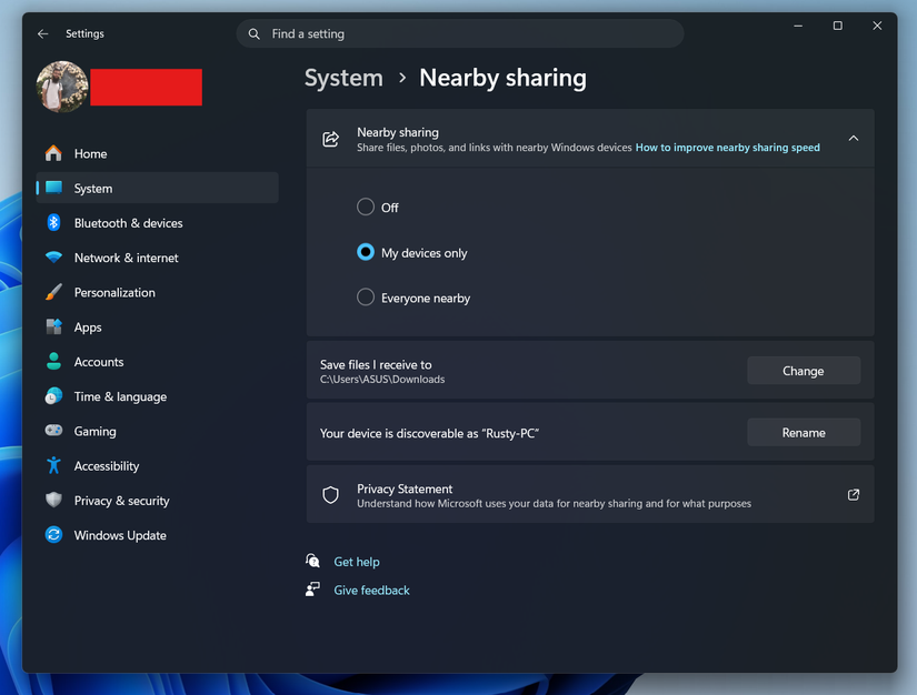 Turning on Nearby sharing feature on Windows 11.-1