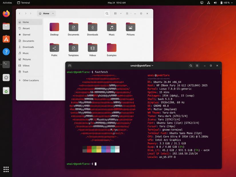 Ubuntu desktop screenshot includes results of fastfetch