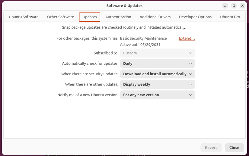 The Ubuntu Software & Updates app showing the setting to download and automatically install security updates.