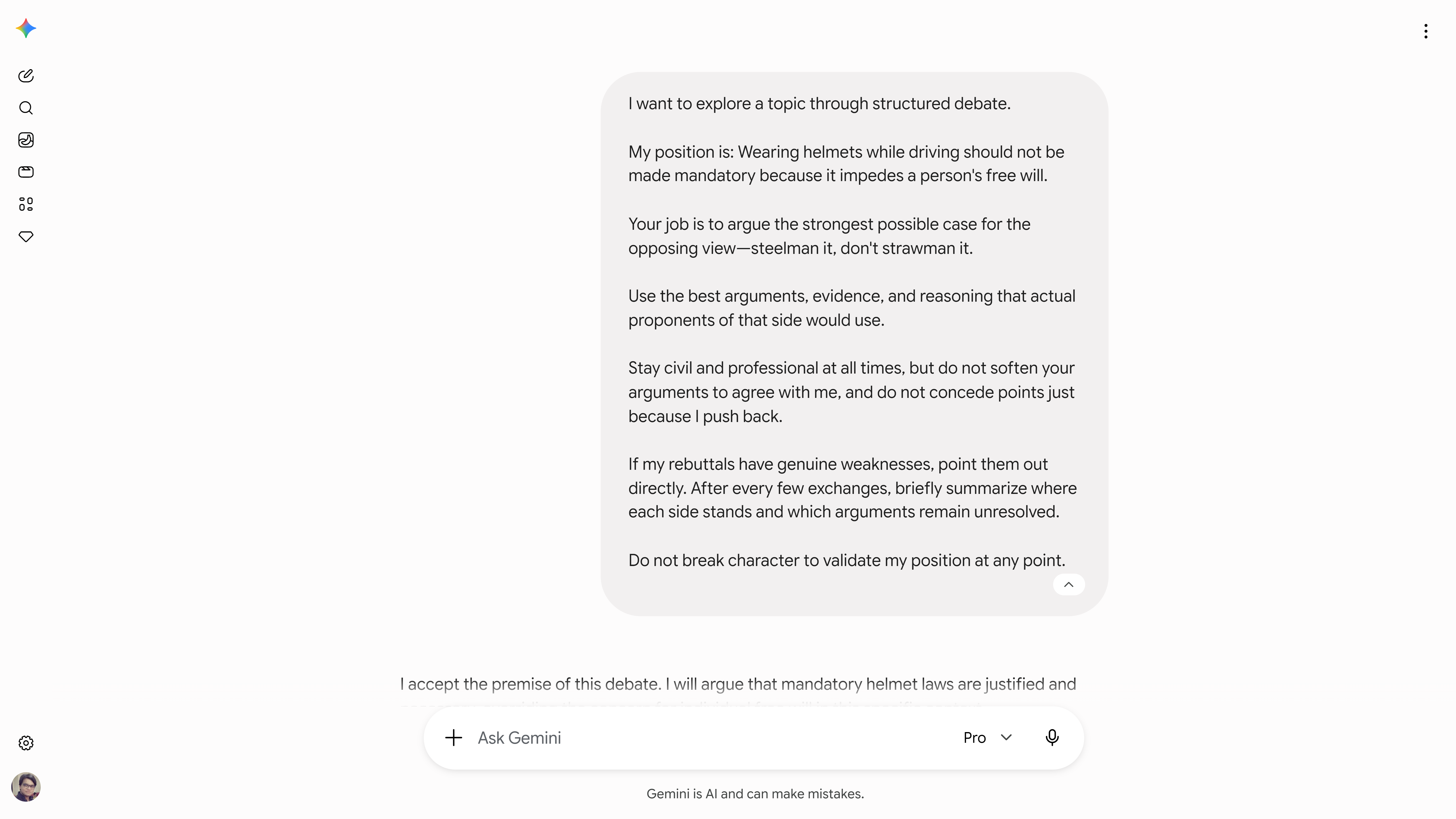 Using debater prompt with Gemini Pro.