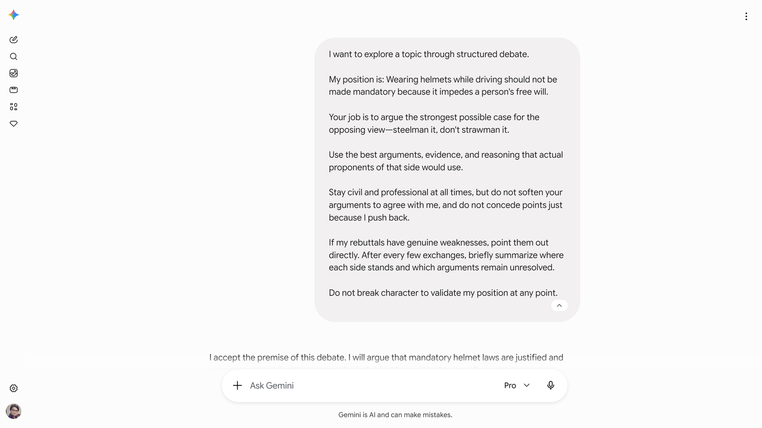 Using debater prompt with Gemini Pro.