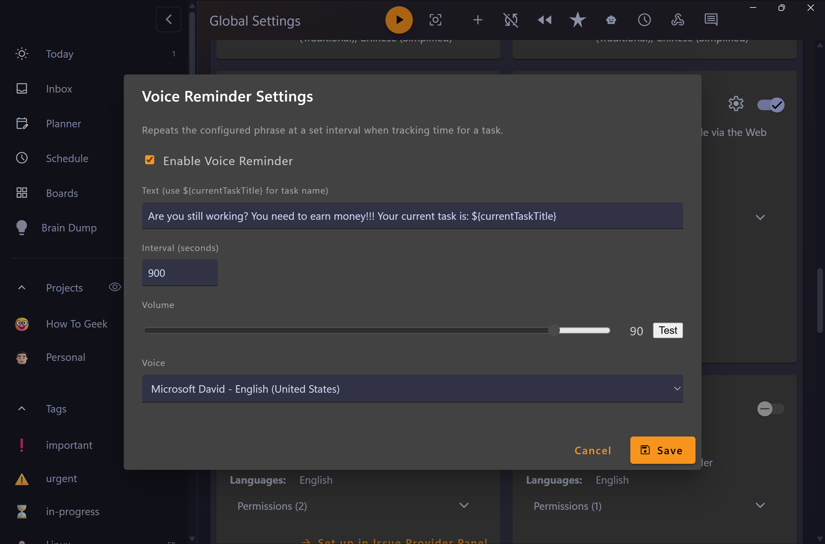 Voice Reminder Settings dialog with a custom cheerleading phrase, 900 second interval, and Microsoft David voice selected.-1
