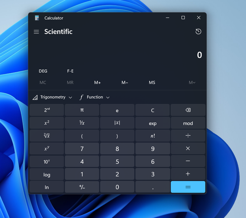 Windows calculator opened in scientific mode.
