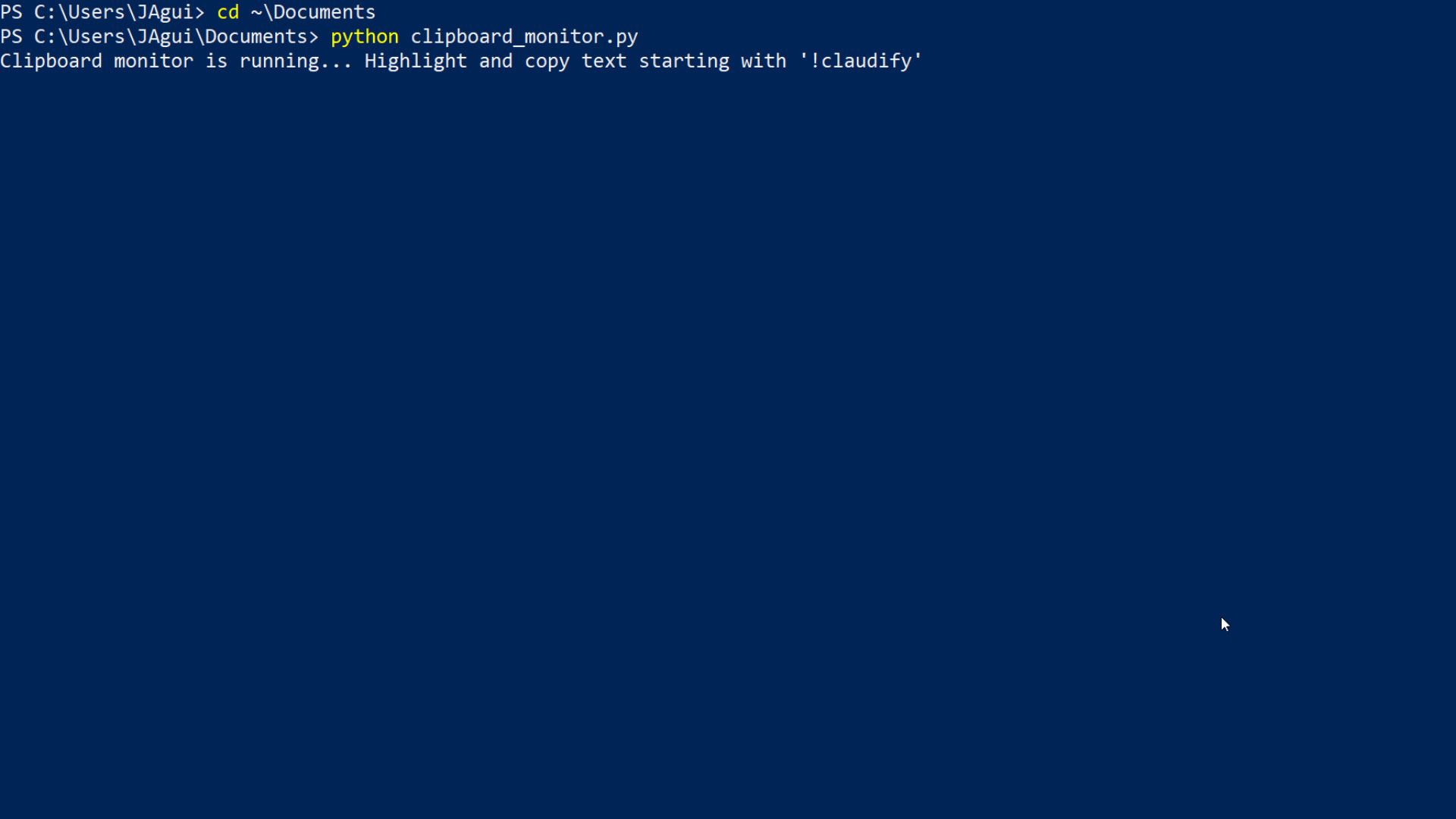 Windows Powershell running the Claudify code