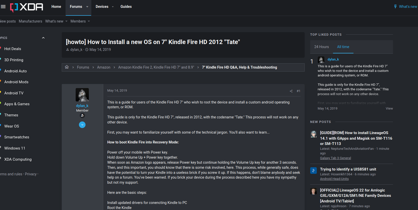 XDA forums showing the process for flashing a new OS onto a Kindle Fire tablet.